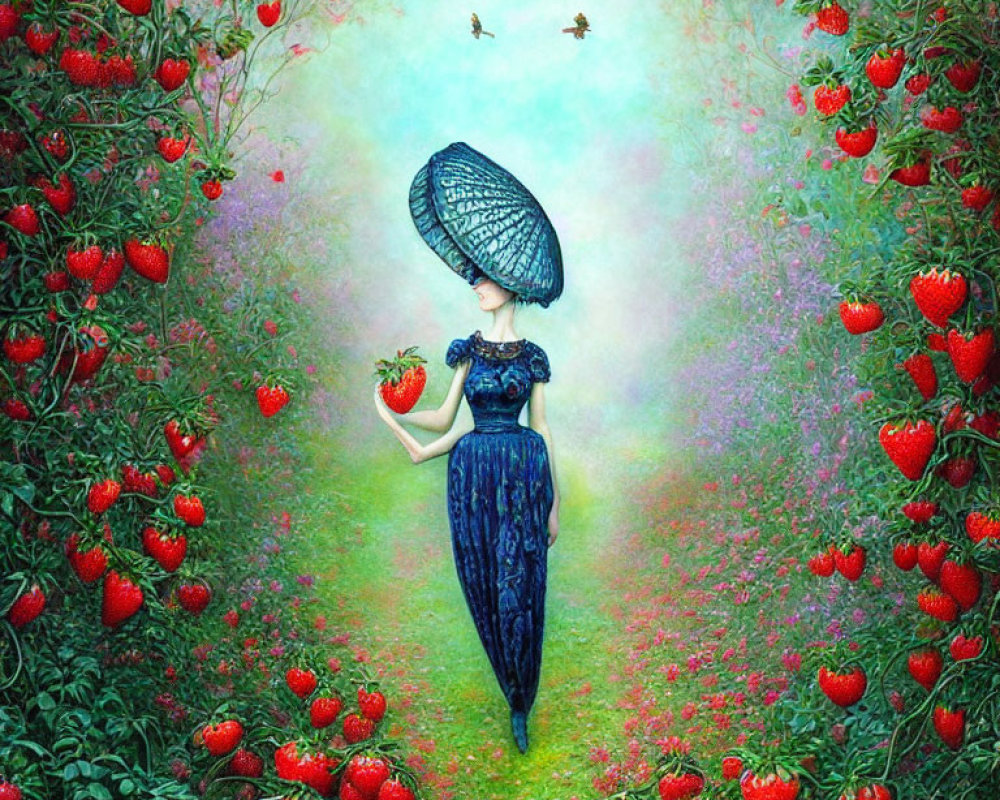 Woman in Blue Dress with Parasol and Strawberries in Vibrant Garden