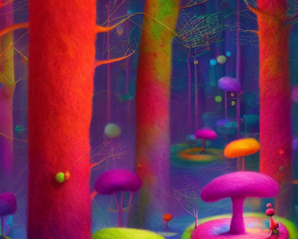 Vibrant enchanted forest with glowing trees and tiny creatures