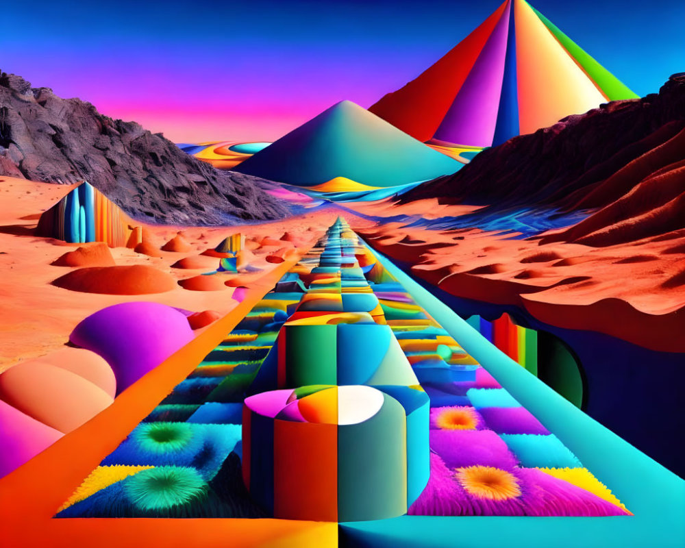 Colorful geometric shapes lead to pyramids in surreal landscape