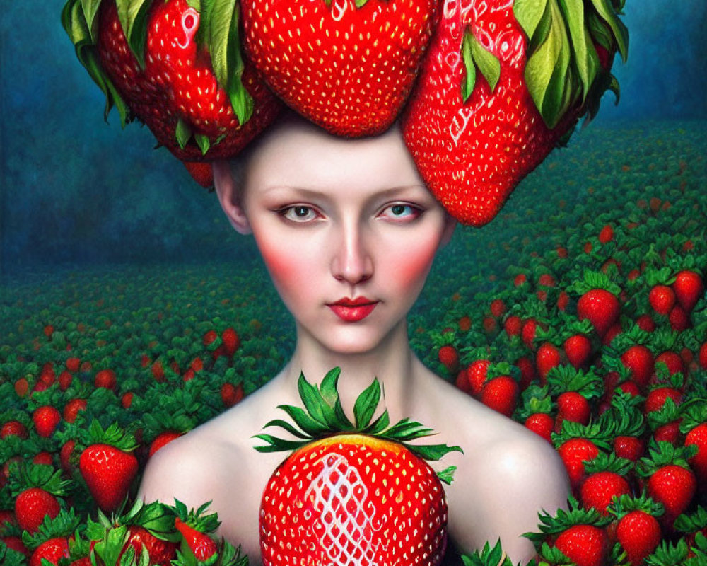 Surreal portrait featuring person with strawberry hat in field