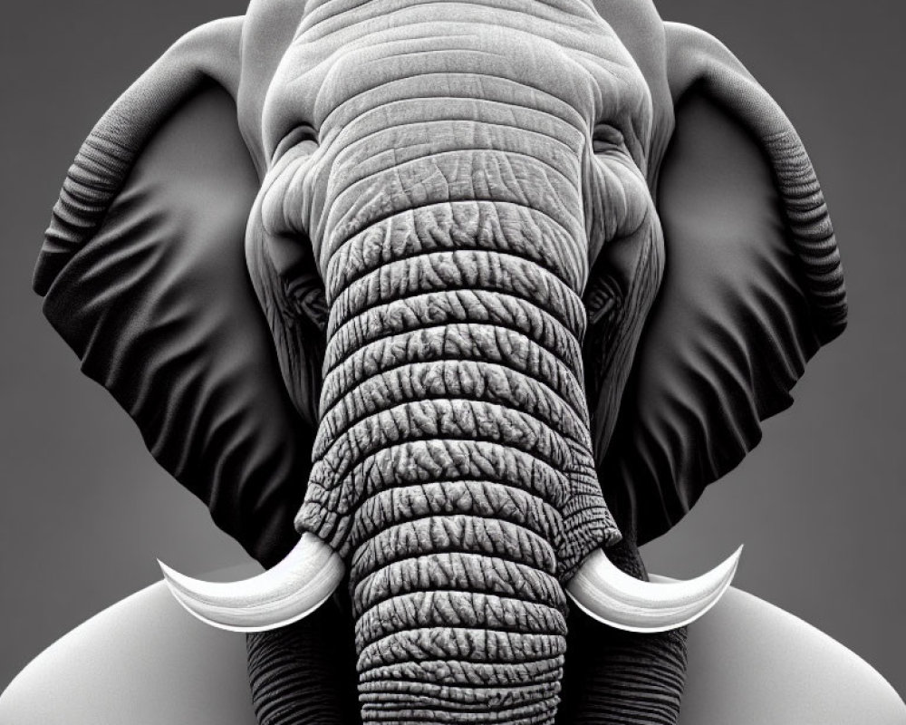 Symmetrical close-up of elephant face and tusks on grey background