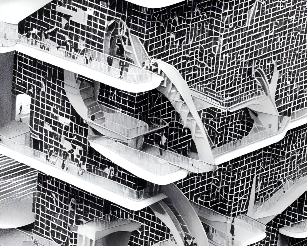 Monochrome photo of futuristic structure with intricate patterns and people