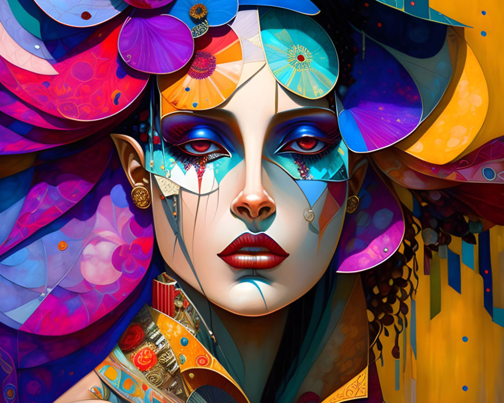 Colorful Geometric and Floral Patterns on Digital Portrait