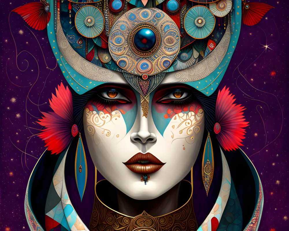 Symmetrical digital artwork featuring woman with elaborate headdress and cosmic background