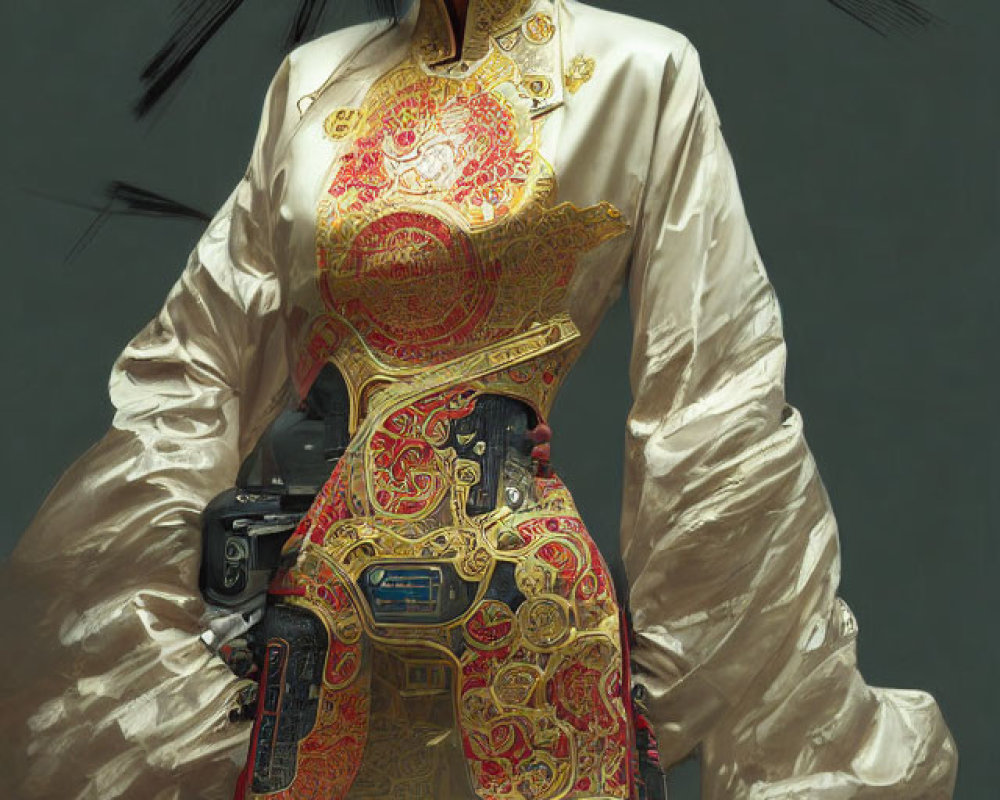 Traditional Chinese attire meets modern sci-fi with intricate golden patterns and dramatic spiked hair accessory.