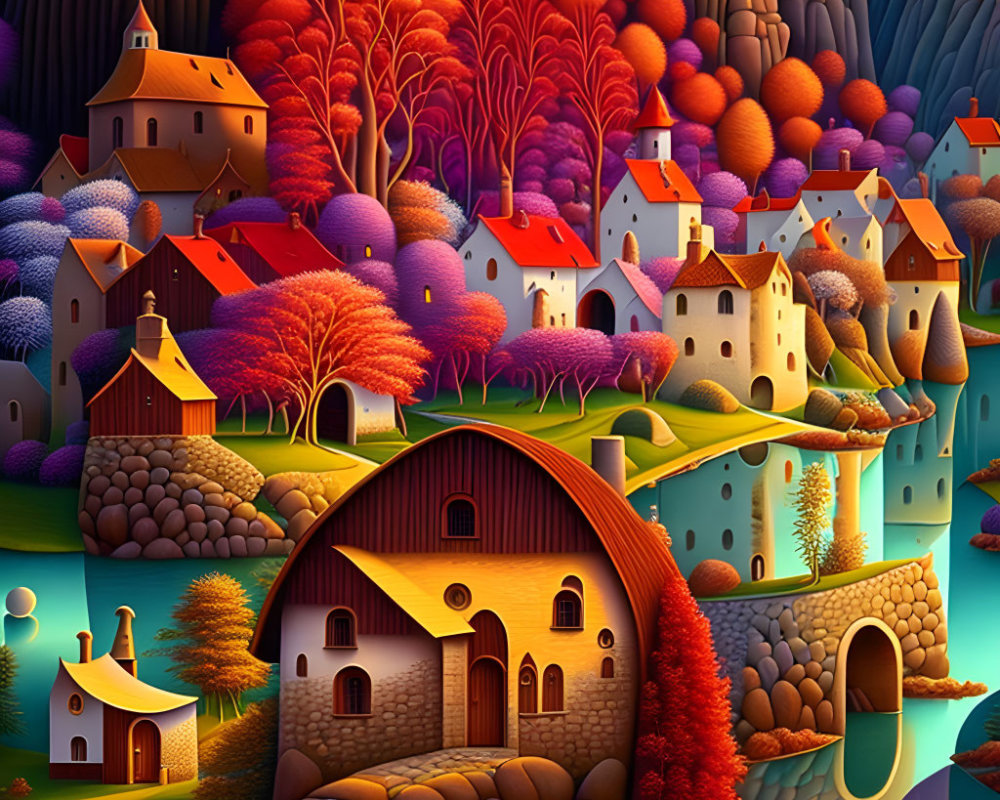 Whimsical village illustration with colorful trees, round doors, and serene river