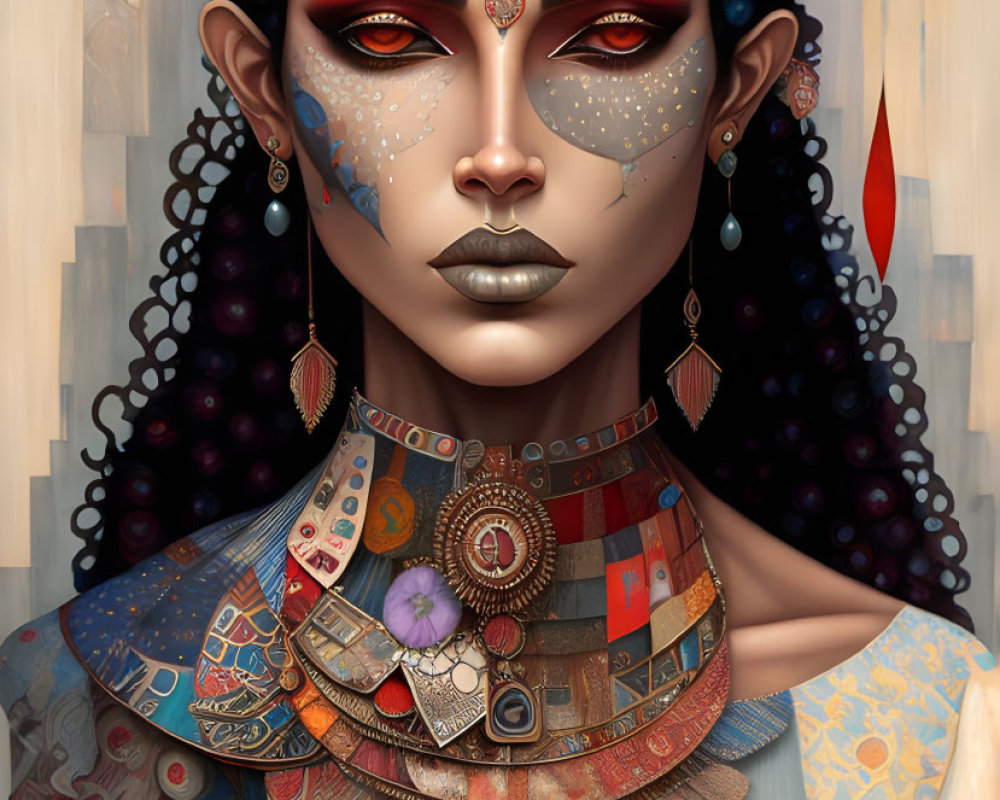 Detailed tribal face paint on woman with vibrant jewelry and patterned collar against abstract background