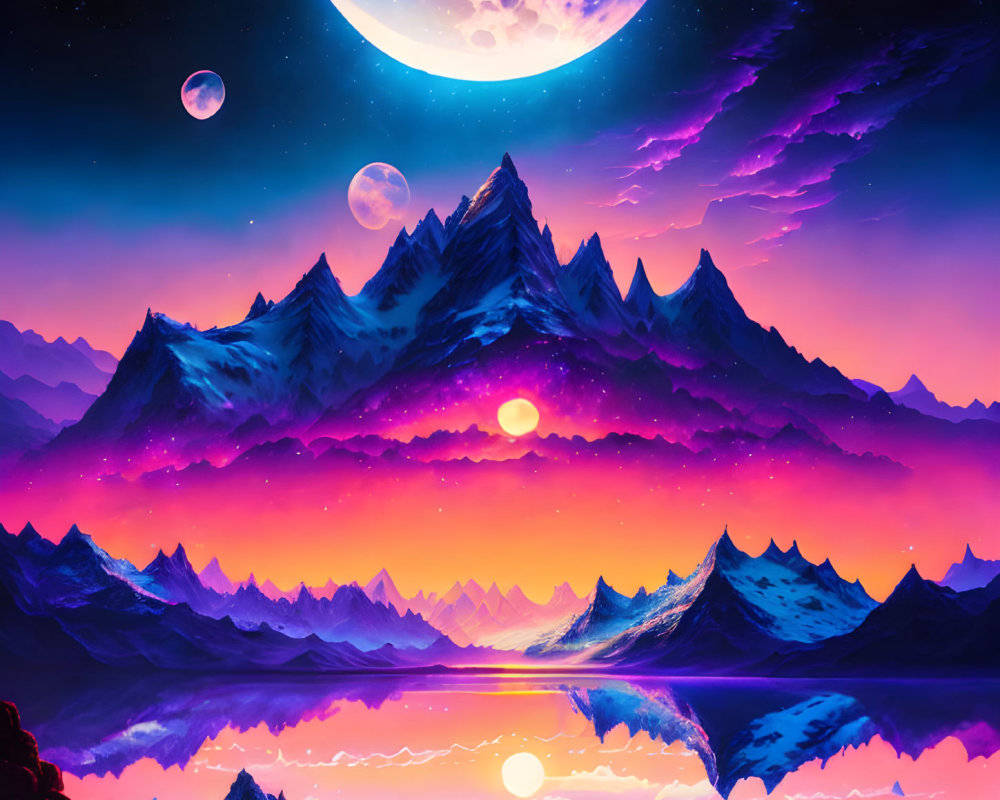 Surreal landscape with snow-capped mountains under neon-lit sky