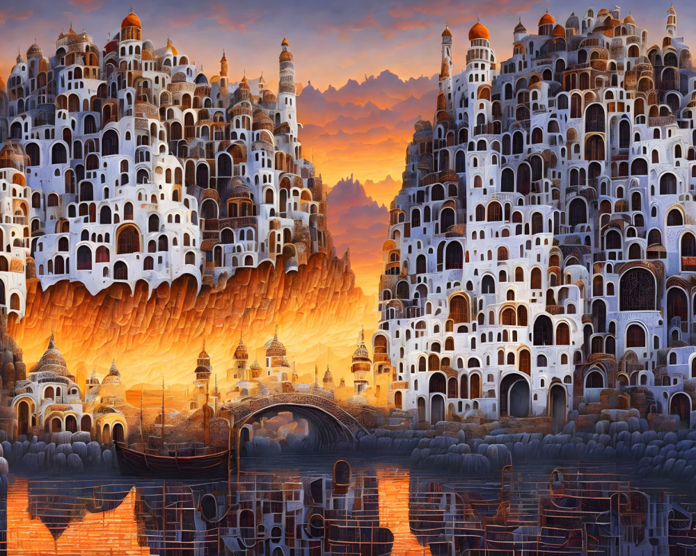 Fantastical cityscape at sunset with multi-tiered buildings and vivid sky