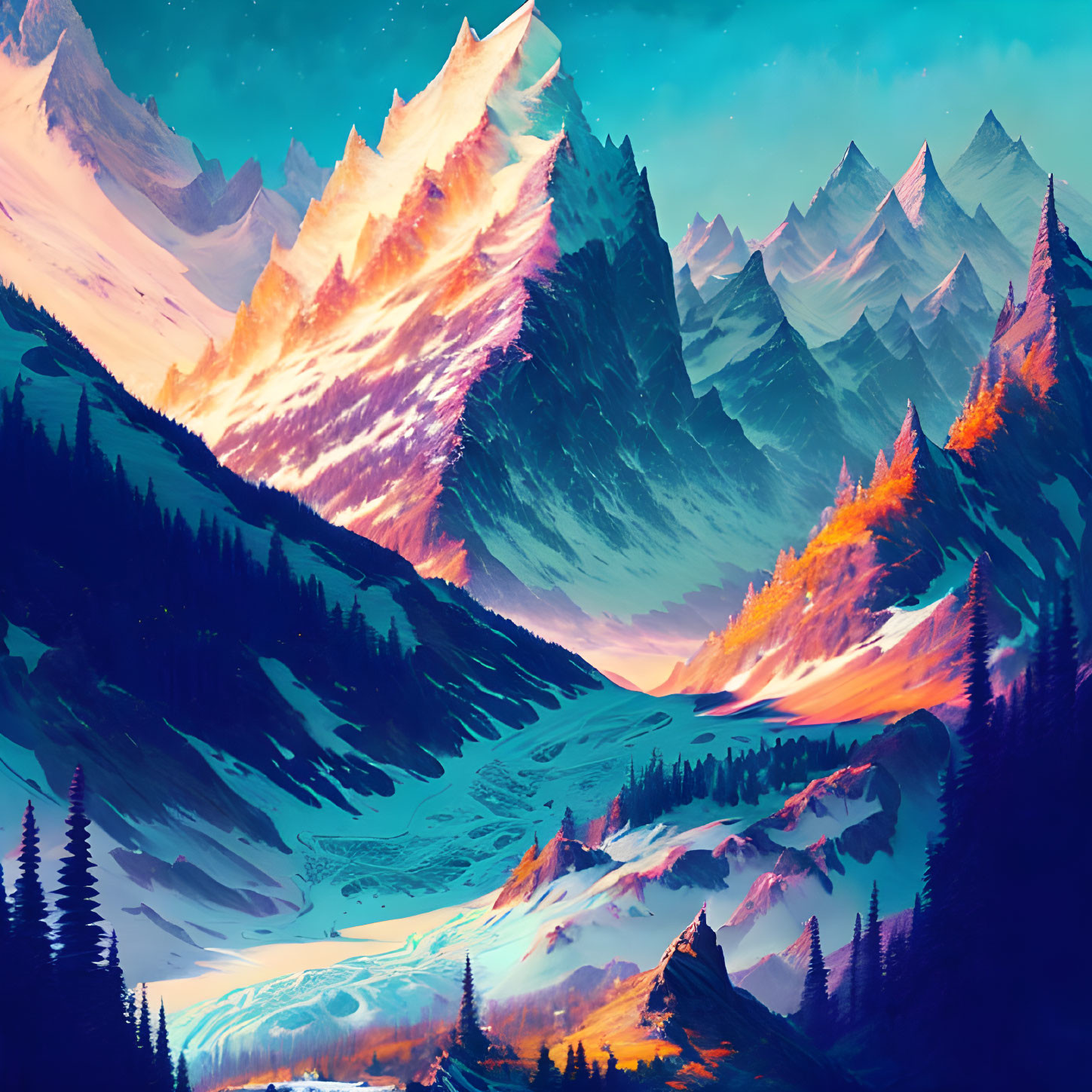 Vibrant sunset mountain landscape with river in blue, orange, and pink