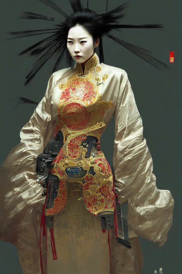 Traditional Chinese attire meets modern sci-fi with intricate golden patterns and dramatic spiked hair accessory.