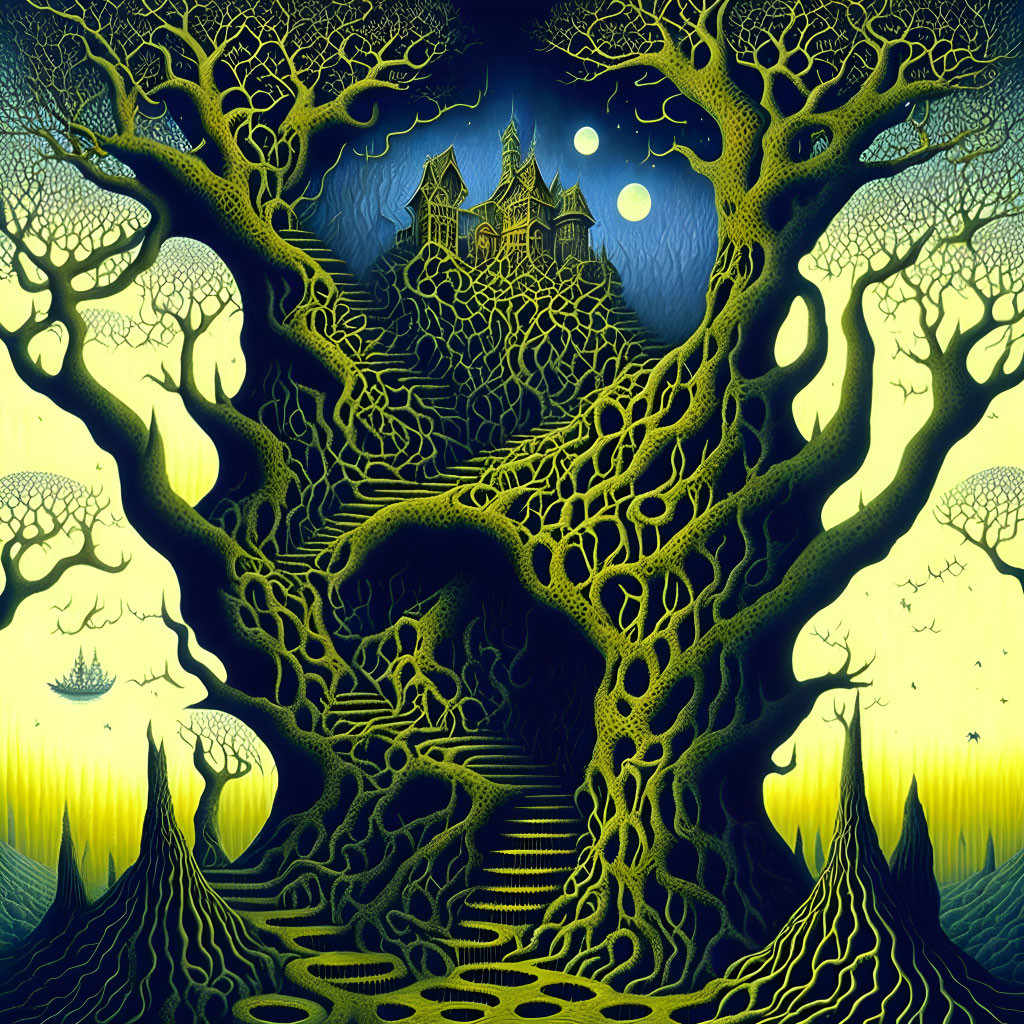 Surreal landscape with intricate trees, castle, starry sky, and moon