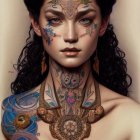 Detailed tribal face paint on woman with vibrant jewelry and patterned collar against abstract background