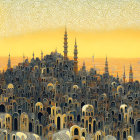 Fantasy landscape with golden towers and filigree sky