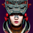 Symmetrical digital artwork featuring woman with elaborate headdress and cosmic background