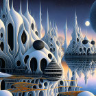 Surreal Landscape with Alien-like Structures and Reflective Water