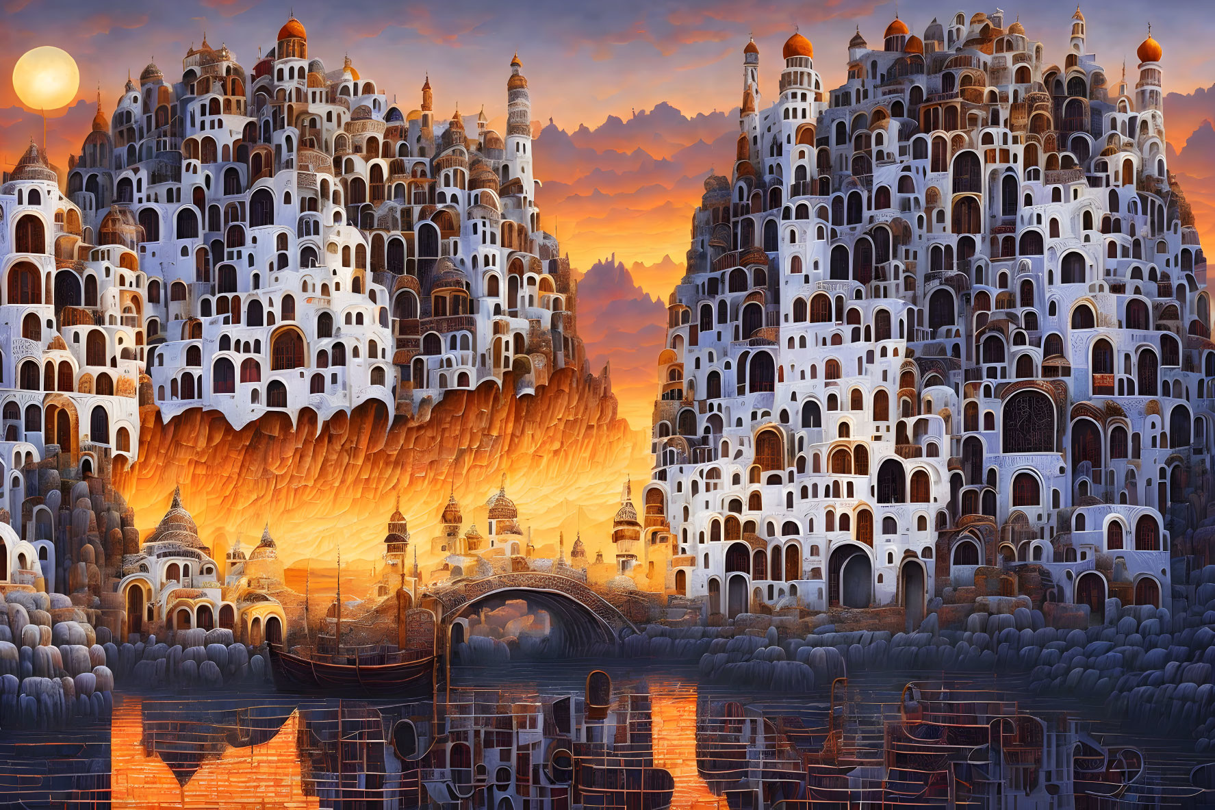 Fantastical cityscape at sunset with multi-tiered buildings and vivid sky