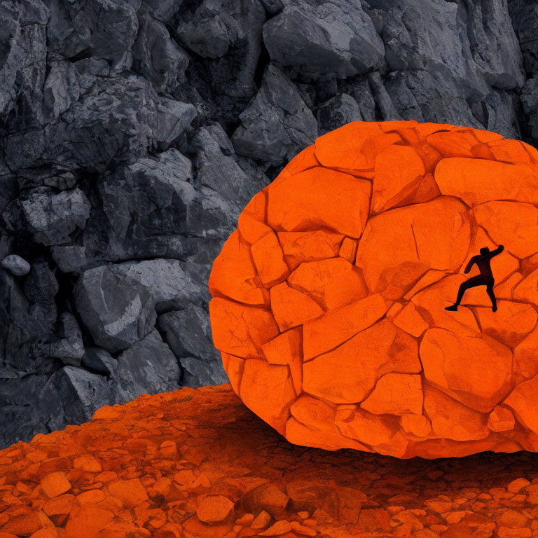 Person climbing oversized orange brain-shaped boulder among grey rocks