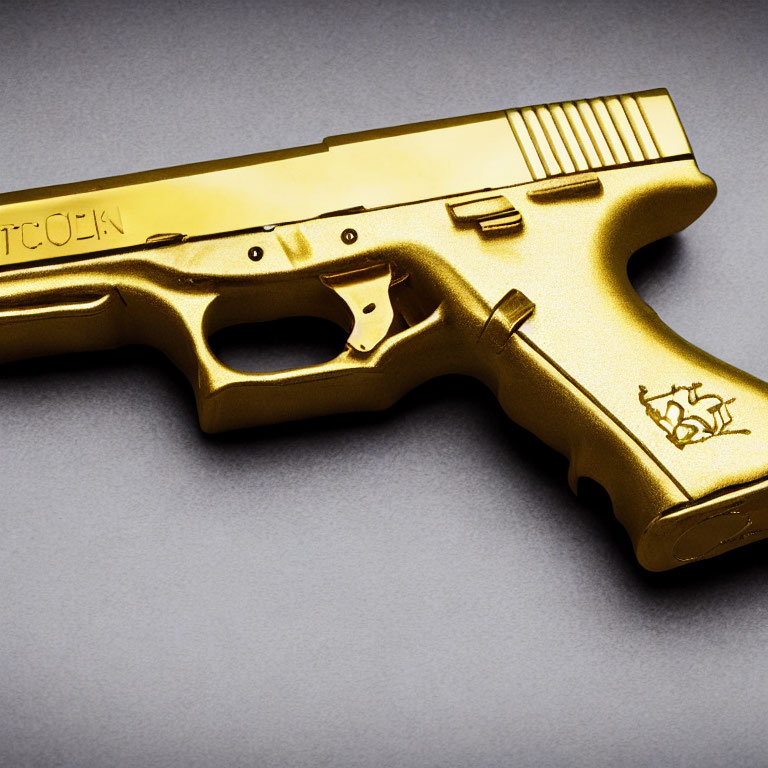 Gold-Colored Handgun with Ornate Detailing on Grey Background