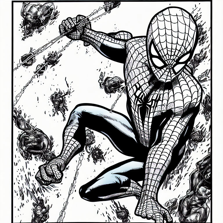 Comic illustration of Spider-Man dodging debris and villains in black-and-white
