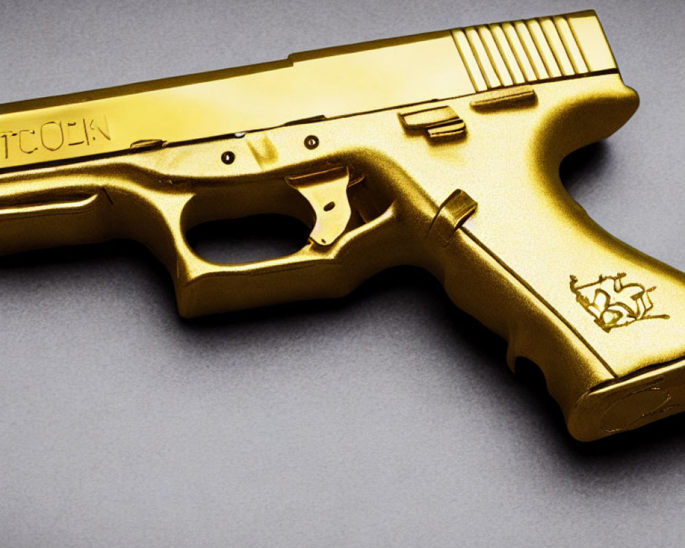 Gold-Colored Handgun with Ornate Detailing on Grey Background