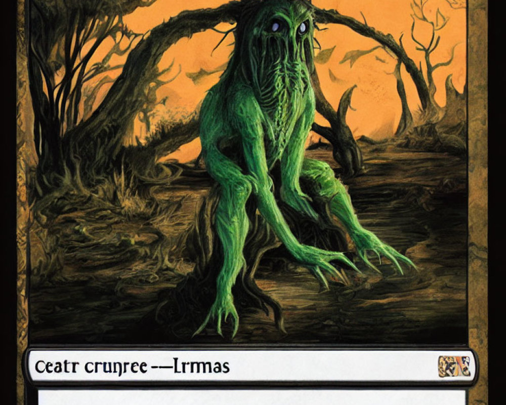 Mythical green creature with multiple eyes in dusky landscape