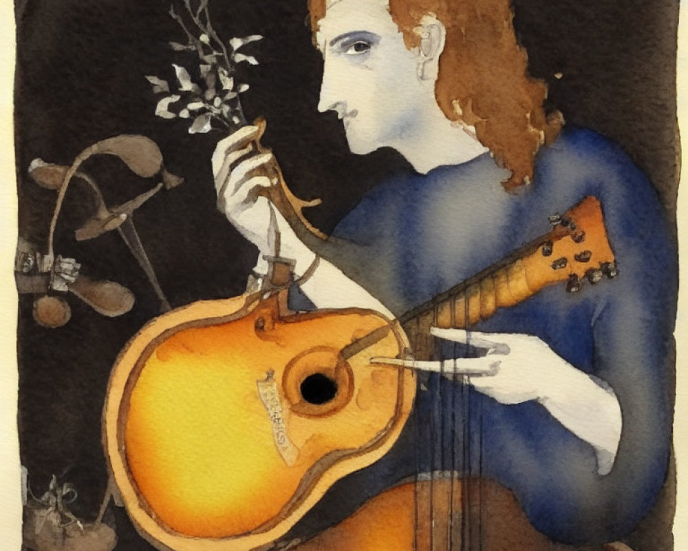 Illustration of person with red hair playing guitar amidst musical notes and plant growth
