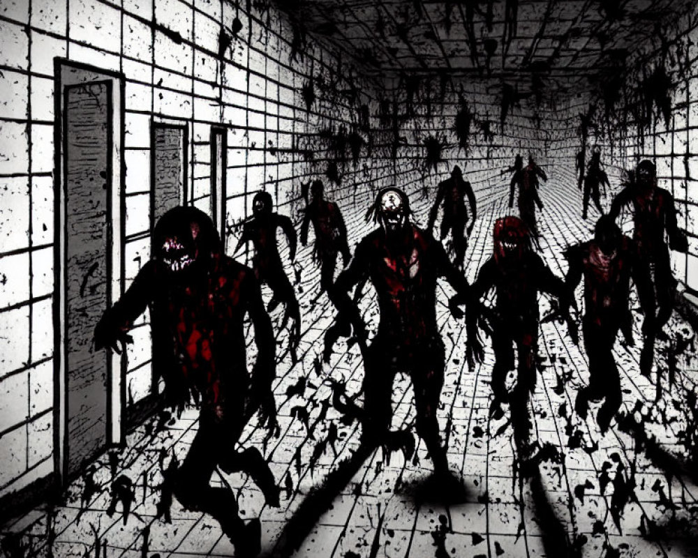 Group of Silhouetted Figures with Red Eyes in Dark Corridor