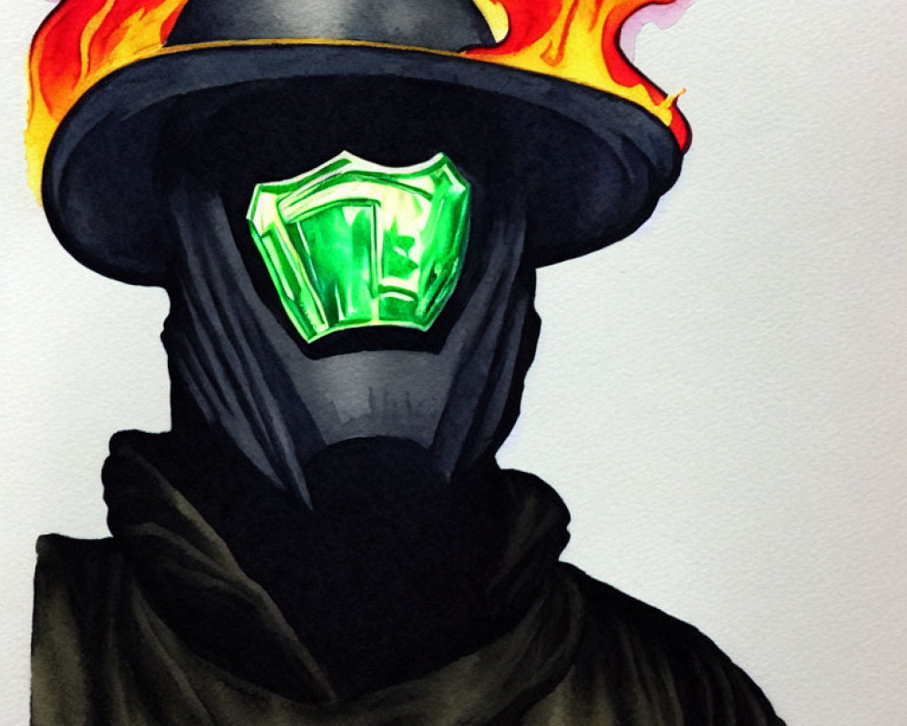Person in Dark Outfit with Flaming Helmet and Neon Green Emblem