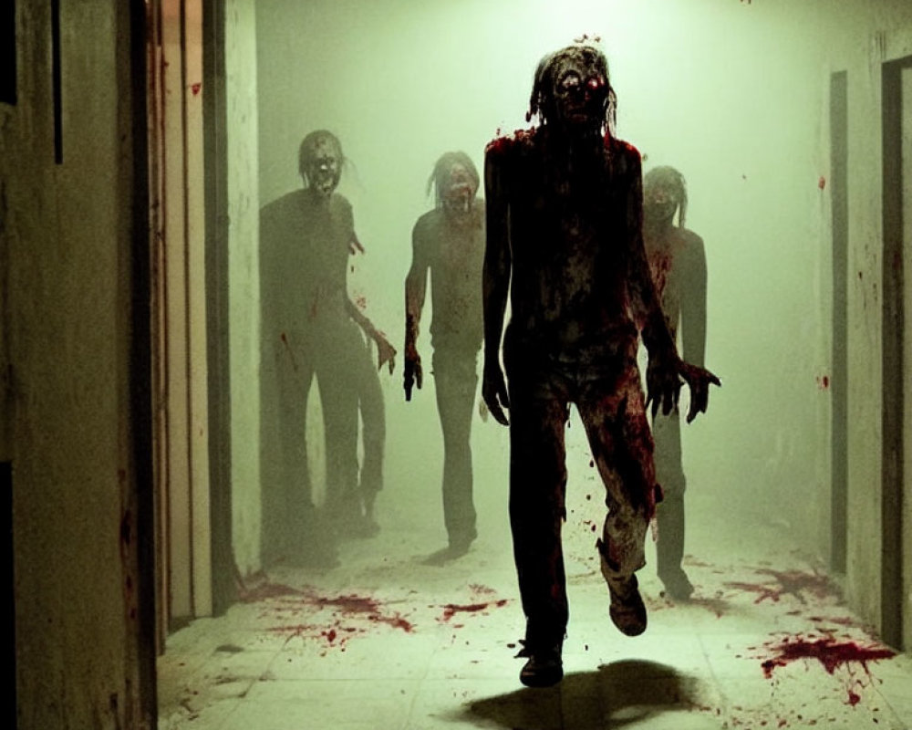 Creepy zombie figures in bloody clothes walking down dimly lit corridor