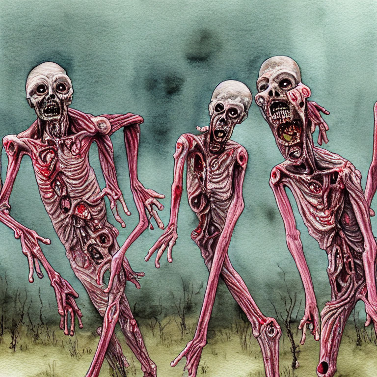 Three emaciated zombie-like creatures in a dismal landscape
