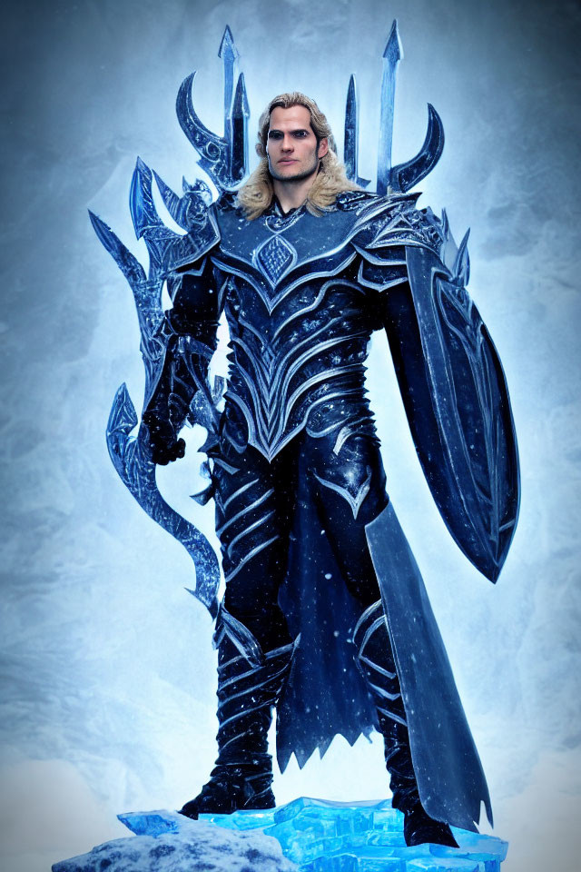 Ice-themed armor warrior with shield and sword in snowy landscape
