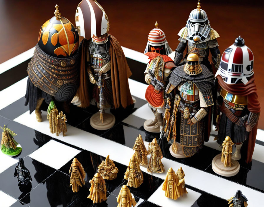 Intricately designed samurai warrior-themed chess set on glossy board