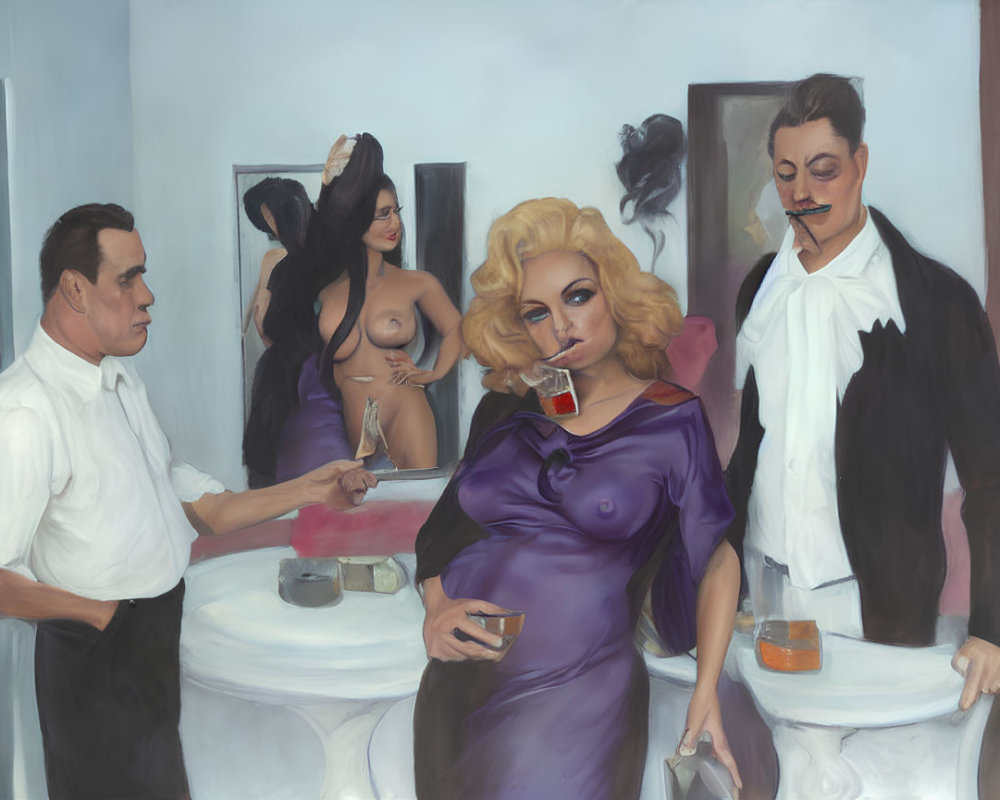 Artistic painting of four individuals in a room with a blond woman sipping a drink.