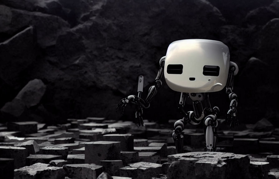 Monochrome humanoid robot with large head in rocky landscape