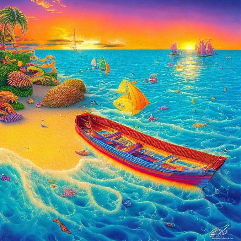 Surreal beach scene at sunset with beached boat & colorful sea life