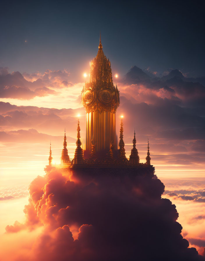 Golden palace floating above clouds at sunrise or sunset