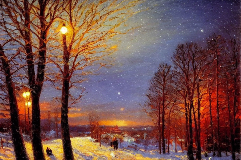 Winter Night Scene: Glowing Lamps, Starry Sky, People Walking