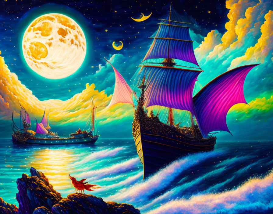 Colorful painting of ships with pink sails, dragon, and full moon over rough seas.