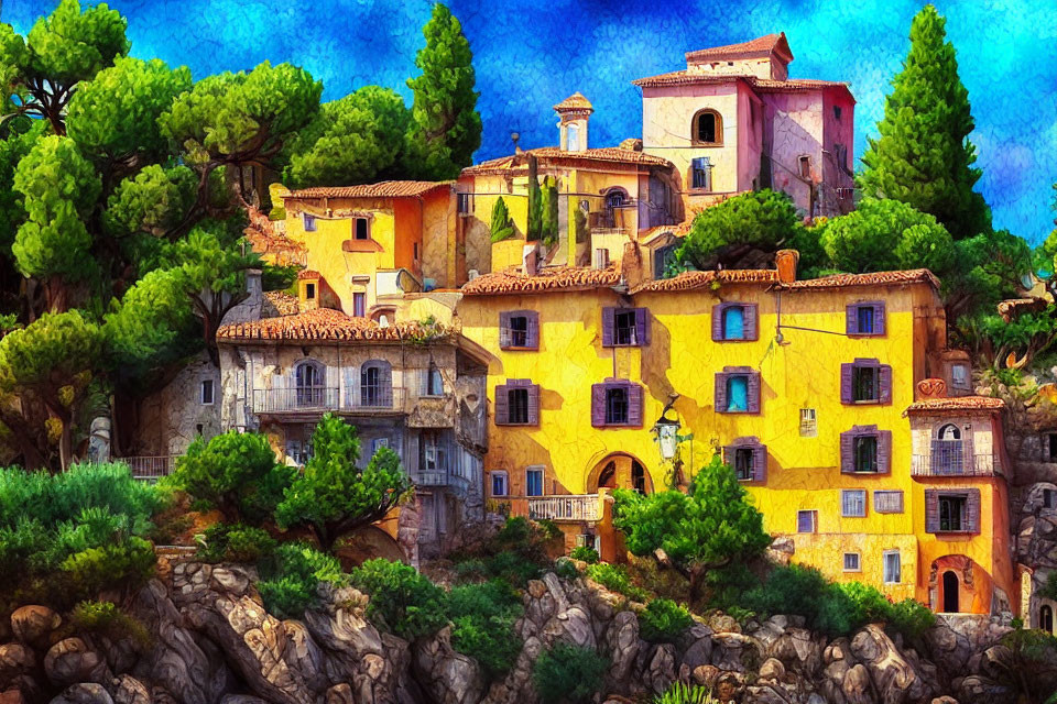 Vibrant watercolor painting of picturesque village scene