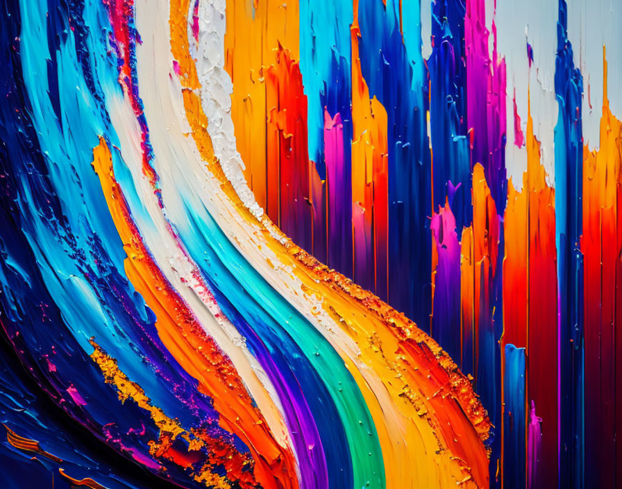 Colorful abstract painting with swirling blue, orange, and purple strokes