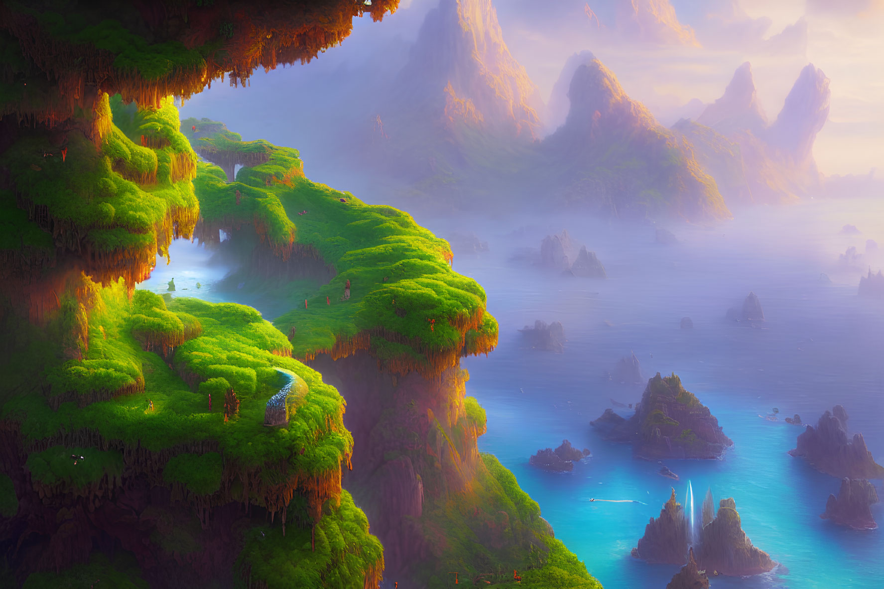 Fantastical landscape with lush green floating islands above mist-covered sea