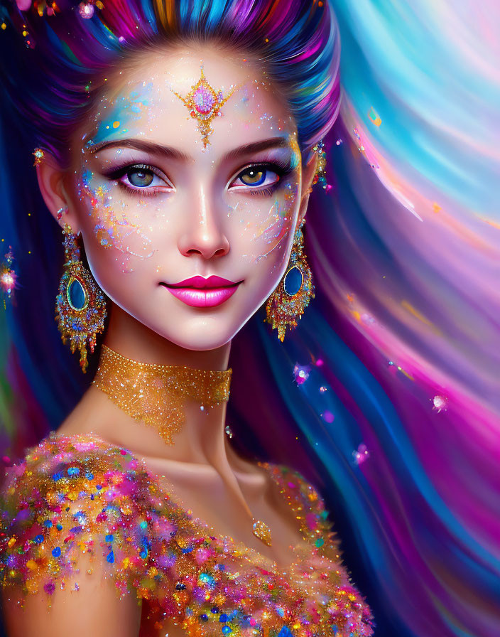 Colorful digital artwork featuring woman with blue and purple hair and vibrant makeup
