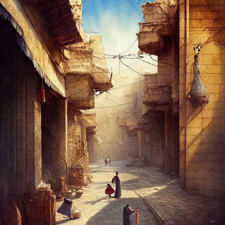 Sunlit Middle Eastern street with hanging lanterns and rustic architecture.