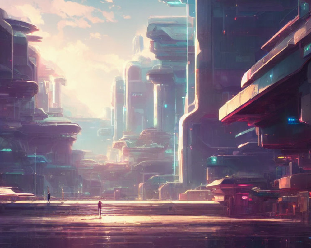 Futuristic cityscape with towering buildings and lone figure in ethereal light
