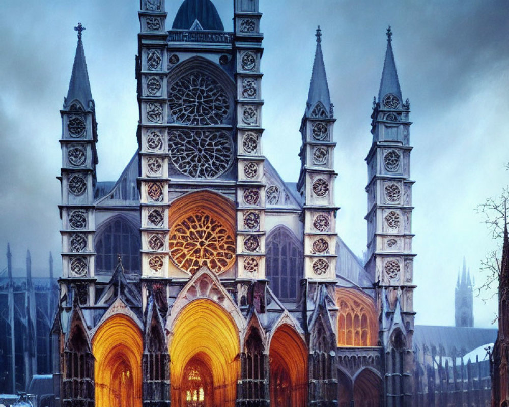 Gothic Cathedral with Rose Window and Spires at Dusk