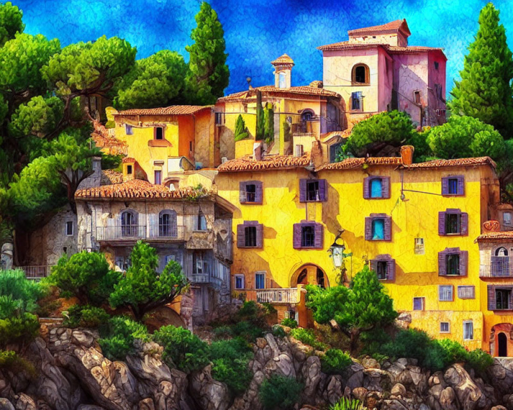 Vibrant watercolor painting of picturesque village scene