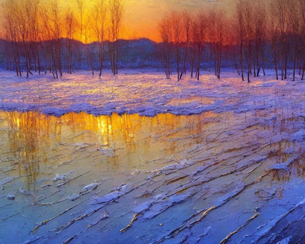 Colorful Winter Sunset Reflecting on Icy Landscape