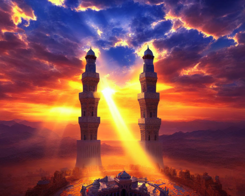Majestic mosque with towering minarets under golden sunset