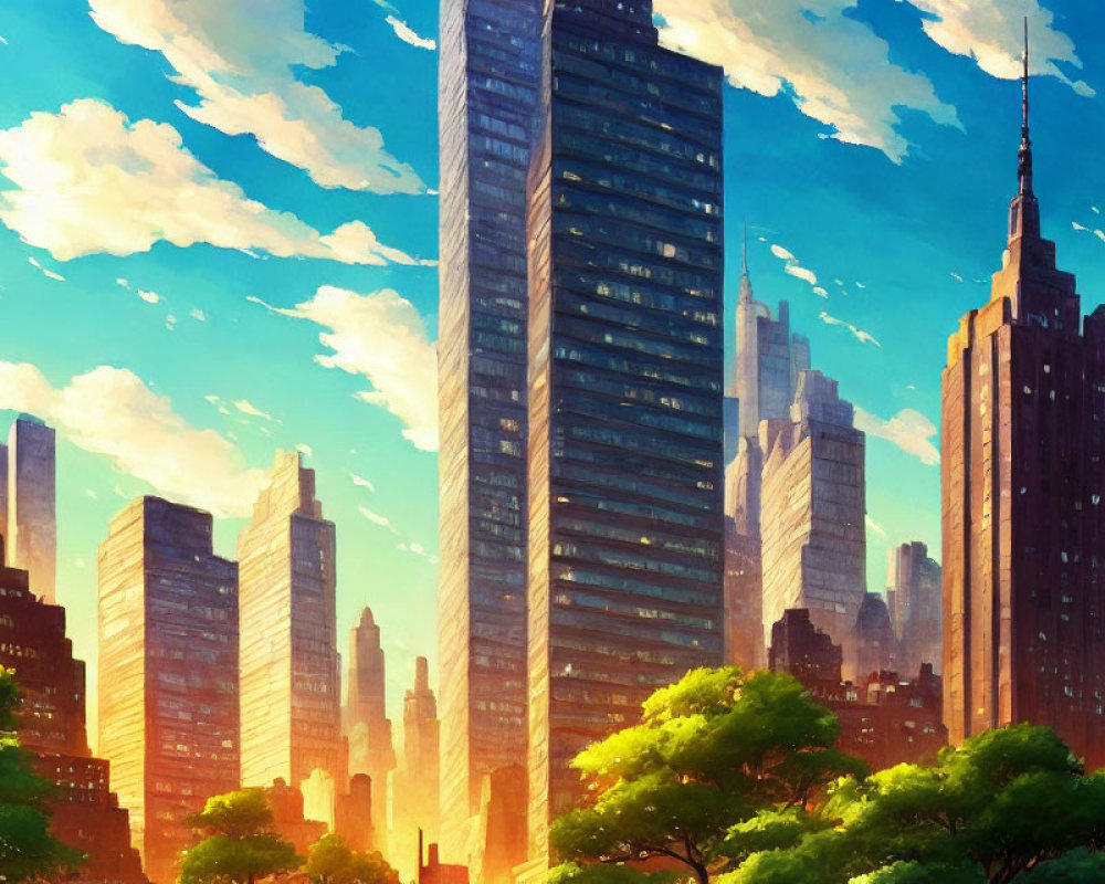 Cityscape with Vibrant Skyscrapers at Sunset & Long Shadows